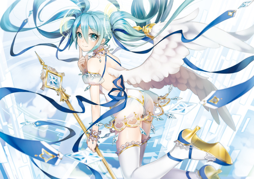 aqua_eyes aqua_hair ass bare_back bare_shoulders blue_footwear blue_ribbon blurry blush closed_eyes commentary_request depth_of_field detached_sleeves dress eyebrows_visible_through_hair feathered_wings flying from_behind hatsune_miku high_heels highres holding holding_staff index_finger_raised long_hair looking_at_viewer looking_back marchen_noir puffy_short_sleeves puffy_sleeves ribbon see-through short_sleeves smile solo staff thighhighs twintails very_long_hair vocaloid white_dress white_wings wings zettai_ryouiki