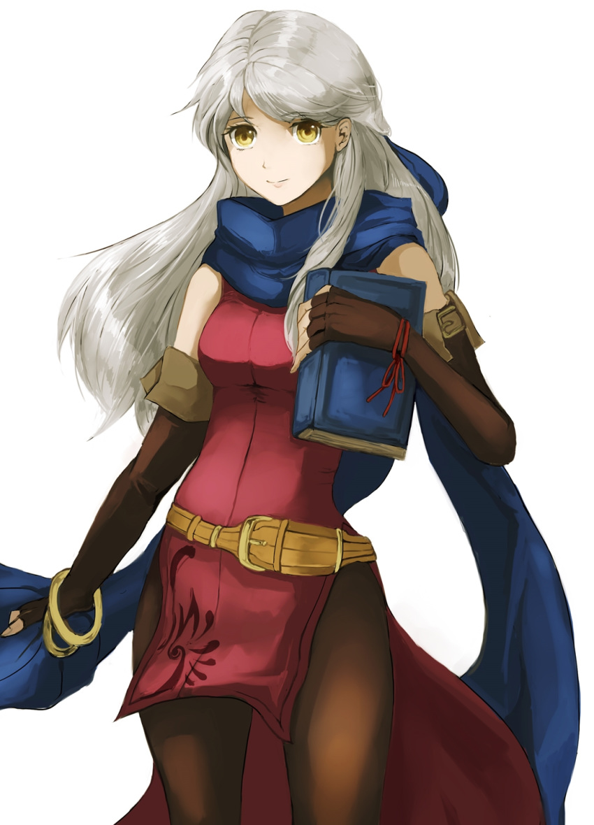 bangle bare_shoulders belt blue_scarf book bracelet brown_gloves brown_legwear dress elbow_gloves fingerless_gloves fire_emblem fire_emblem:_akatsuki_no_megami gloves hair_ribbon half_updo highres holding holding_book jabeko jewelry long_hair micaiah ribbon scarf side_slit silver_hair sleeveless sleeveless_dress solo yellow_eyes