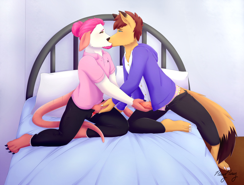 bed bedroom boxers_(clothing) burmecian canine clothing dog final_fantasy fox go1den_(wanda_fan_one_piece) handjob hybrid kissing male male/male mammal panties rat rayray72 roden_(rodenbeard) rodent sex square_enix underwear video_games