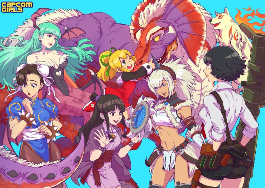 amaterasu ayasato_mayoi bazooka black_hair blonde_hair breasts capcom chinese_clothes chun-li cleavage company_connection devil_may_cry devil_may_cry_3 fangs great_jaggi green_hair gyakuten_saiban highres kirin_(armor) lady_(devil_may_cry) large_breasts medium_breasts monster monster_hunter morrigan_aensland multiple_girls navel ookami_(game) pantyhose rockman rockman_(classic) roll simple_background smile stomach street_fighter toned tricia_wee vampire_(game) weapon wolf