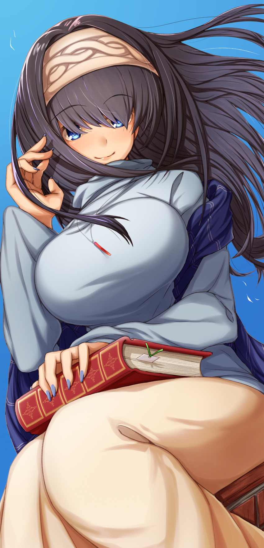 absurdres bangs black_hair blue_background blue_eyes blush book breasts commentary_request eyebrows_visible_through_hair fingernails hairband highres holding holding_book idolmaster idolmaster_cinderella_girls jewelry large_breasts long_hair looking_at_viewer morino_shoutarou necklace pendant sagisawa_fumika shawl simple_background smile sweater