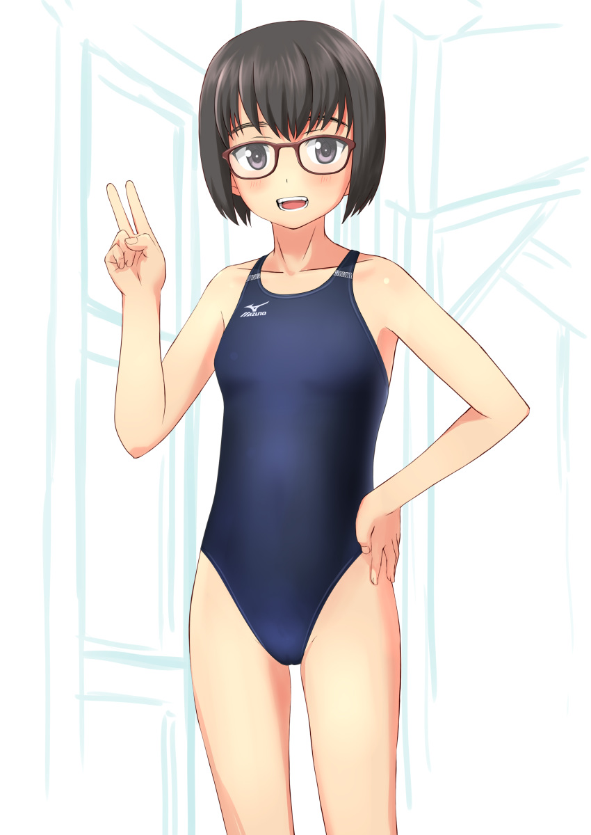 absurdres black_eyes black_hair black_swimsuit competition_swimsuit cowboy_shot flat_chest hand_on_hip highres looking_at_viewer mizuno one-piece_swimsuit open_mouth original red-framed_eyewear short_hair smile solo swimsuit takafumi teeth v white_background