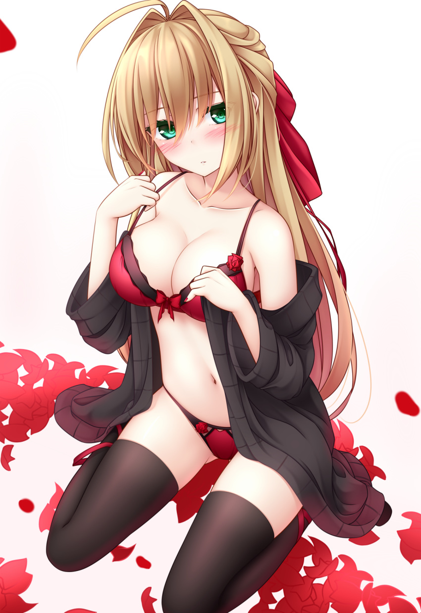 ahoge black_legwear blonde_hair blush bra breasts cleavage commentary_request embarrassed fate/extra fate_(series) green_eyes hair_down hair_ribbon highres long_hair looking_to_the_side making_of medium_breasts navel nero_claudius_(fate) nero_claudius_(fate)_(all) panties red_bra red_panties red_ribbon ribbon sitting solo thighhighs underwear wariza yoye_(pastel_white)