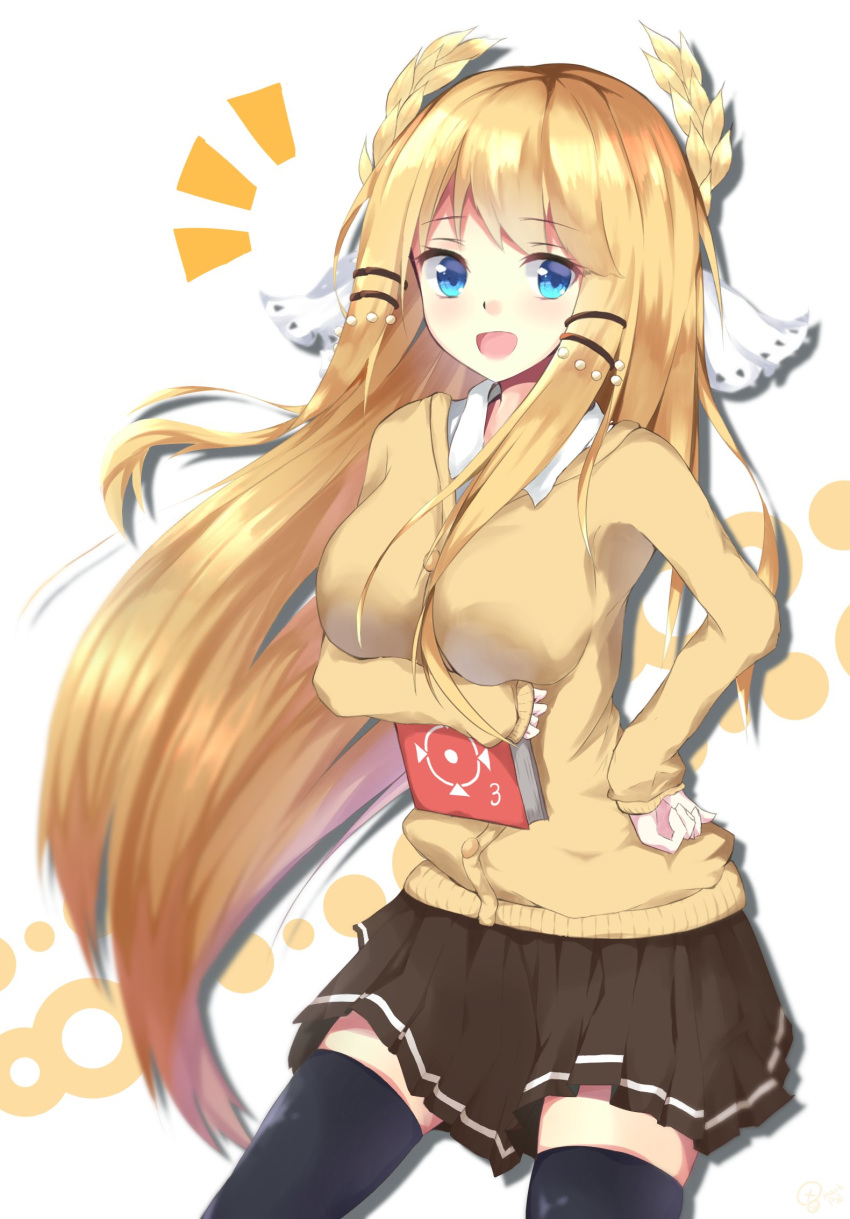 :d alternate_costume azur_lane black_legwear black_skirt blonde_hair blue_eyes book breasts cardigan collared_shirt commentary_request contemporary cowboy_shot eyebrows_visible_through_hair floating_hair hand_on_hip highres holding holding_book k-doku large_breasts laurel_crown long_hair long_sleeves looking_at_viewer miniskirt open_mouth pleated_skirt school_uniform shirt skirt smile solo thighhighs veil very_long_hair victorious_(azur_lane) zettai_ryouiki