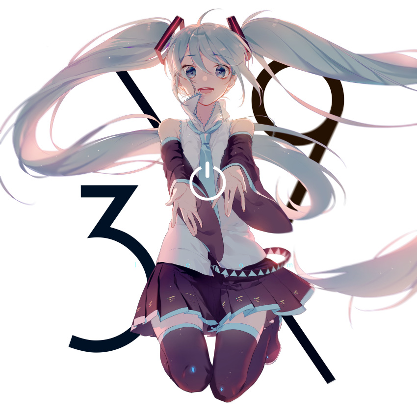 39 :d absurdres ahoge bangs bare_shoulders black_footwear black_legwear black_skirt blue_eyes blue_hair boots collared_shirt commentary dated detached_sleeves eyebrows_visible_through_hair hair_between_eyes hair_ornament hatsune_miku highres long_hair long_sleeves looking_at_viewer open_mouth outstretched_arms pleated_skirt power_symbol shirt simple_background skirt sleeveless sleeveless_shirt smile solo thigh_boots thighhighs twintails upper_teeth very_long_hair vocaloid white_background white_shirt zhibuji_loom