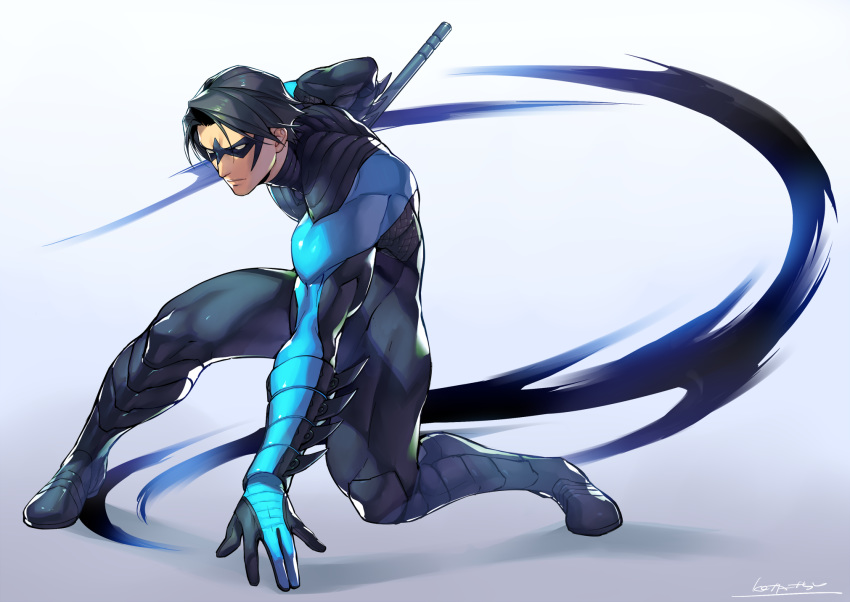 arm_blade batman_(series) black_hair blue_bodysuit bodysuit boots closed_mouth dick_grayson full_body gradient gradient_background highres holding holding_weapon kotatsu_(g-rough) legs_apart male_focus mask muscle nightwing pose serious solo squatting weapon