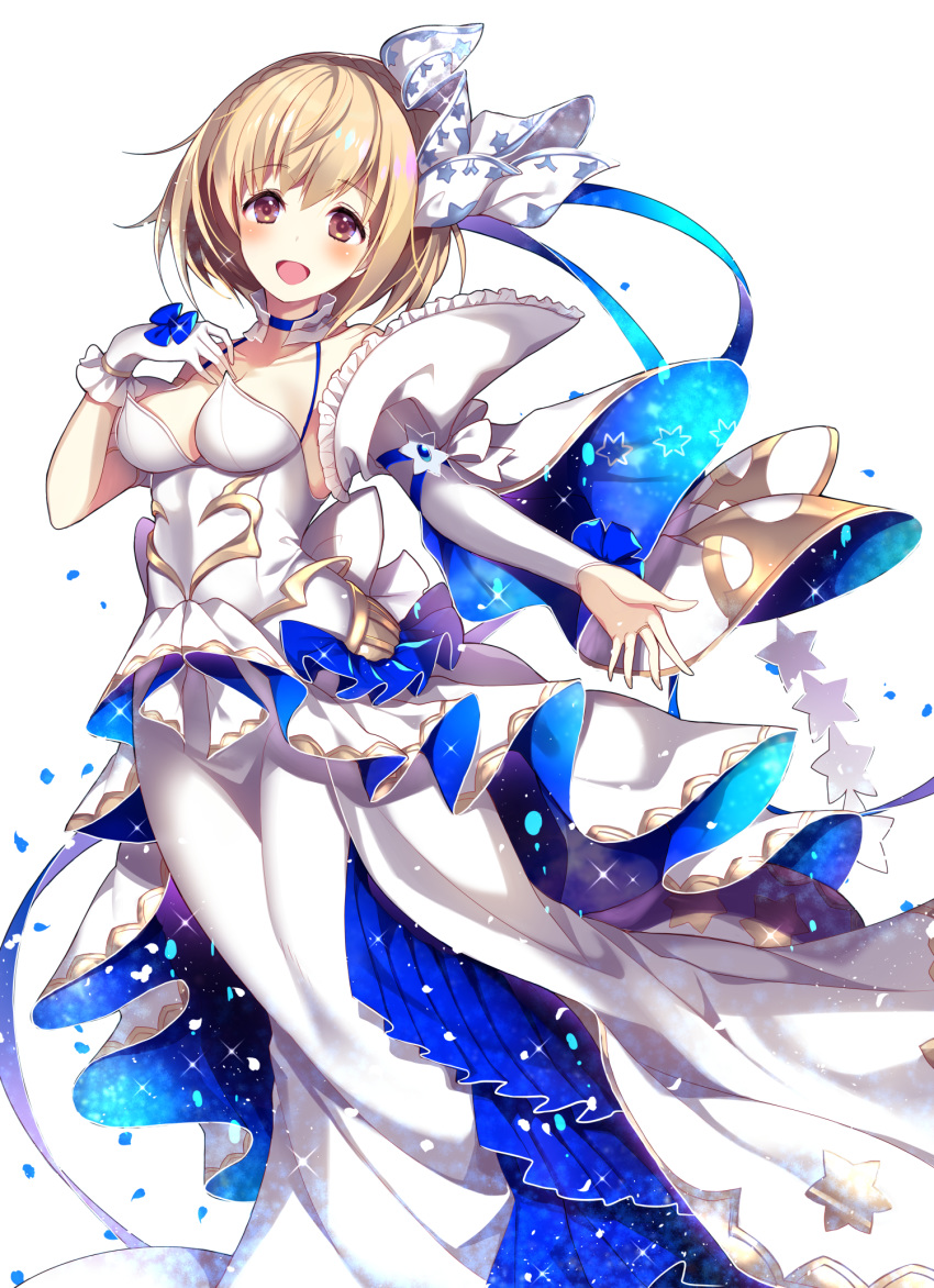 :d bangs bare_shoulders blonde_hair blue_choker blush braid breasts brown_eyes choker collarbone crown_braid detached_collar detached_sleeves djeeta_(granblue_fantasy) dress elysian_(granblue_fantasy) eyebrows_visible_through_hair gloves granblue_fantasy hair_ornament hand_on_own_chest highres homaderi jewelry long_dress looking_at_viewer medium_breasts open_mouth outstretched_arm petals ring short_hair simple_background single_glove smile solo sparkle standing white_background white_dress white_gloves