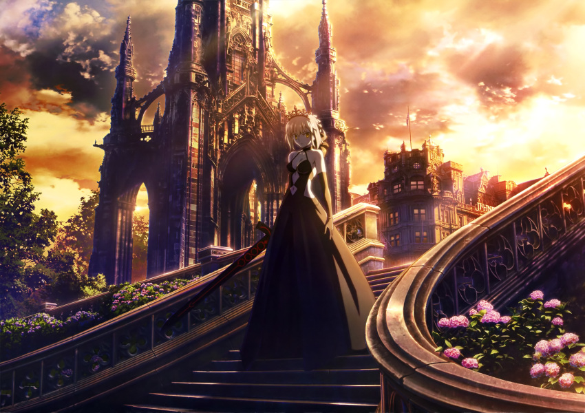 absurdres artoria_pendragon_(all) black_dress black_gloves black_ribbon blonde_hair breasts cathedral church cleavage cloud cloudy_sky dark_excalibur dress elbow_gloves eyebrows_visible_through_hair fate/stay_night fate_(series) flower full_body gloves hair_between_eyes hair_ribbon highres holding holding_sword holding_weapon looking_at_viewer medium_breasts navel navel_cutout official_art outdoors pink_flower ribbon saber_alter short_hair sky sleeveless sleeveless_dress solo standing sword takeuchi_takashi tiara weapon yellow_eyes