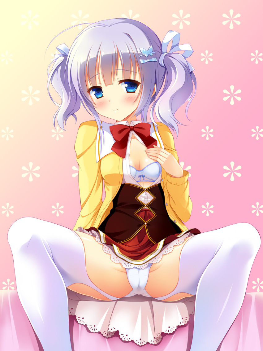 amairo_islenauts bangs bashen_chenyue blue_bra blue_eyes blue_ribbon blush bow bow_bra bowtie bra breasts cameltoe chinese_commentary closed_mouth collared_shirt commentary_request corset dress_shirt eyebrows_visible_through_hair garter_straps gradient gradient_background hair_ornament hair_ribbon hairclip hand_on_own_chest highres jacket lace lace-trimmed_skirt lavender_hair long_sleeves looking_at_viewer miniskirt multicolored multicolored_background open_clothes open_shirt panties pantyshot red_neckwear red_skirt ribbon shiraga_airi shirt short_twintails sitting skirt small_breasts smile solo spread_legs thighhighs twintails underwear white_legwear white_panties white_shirt wing_collar yellow_jacket