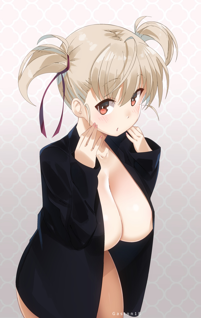 absurdres ahoge alice_(floor_ni_maou_ga_imasu) artist_name bangs black_coat black_shirt bottomless breasts coat collarbone collared_shirt colorized dress_shirt eyebrows_visible_through_hair floor_ni_maou_ga_imasu gaston18 hair_ribbon hands_up highres huge_breasts kawakami_masaki long_sleeves looking_at_viewer nail_polish naked_coat naked_shirt no_bra open_clothes open_shirt pink_nails red_eyes ribbon shirt short_hair short_twintails silver_hair solo twintails