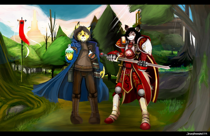 2016 anthro armor belt biped black_claws black_hair blue_cape blue_clothing boots bottomwear brown_boots brown_bottomwear brown_clothing brown_eyes brown_footwear brown_hair brown_nose brown_pants brown_shirt brown_topwear canine cape claws clothed clothing decorative_clothing detailed_background dipstick_ears dirtyscoundrel duo emblem fantasy footwear fully_clothed fur gauntlets gloves grey_fur hair hi_res holding_object holding_weapon looking_at_viewer mammal melee_weapon outside pants pattern_clothing potion red_armor red_clothing shirt snout standing stathos sword topwear tree two_tone_ears weapon white_fur wolf year yellow_ears yellow_eyes yellow_fur ysak
