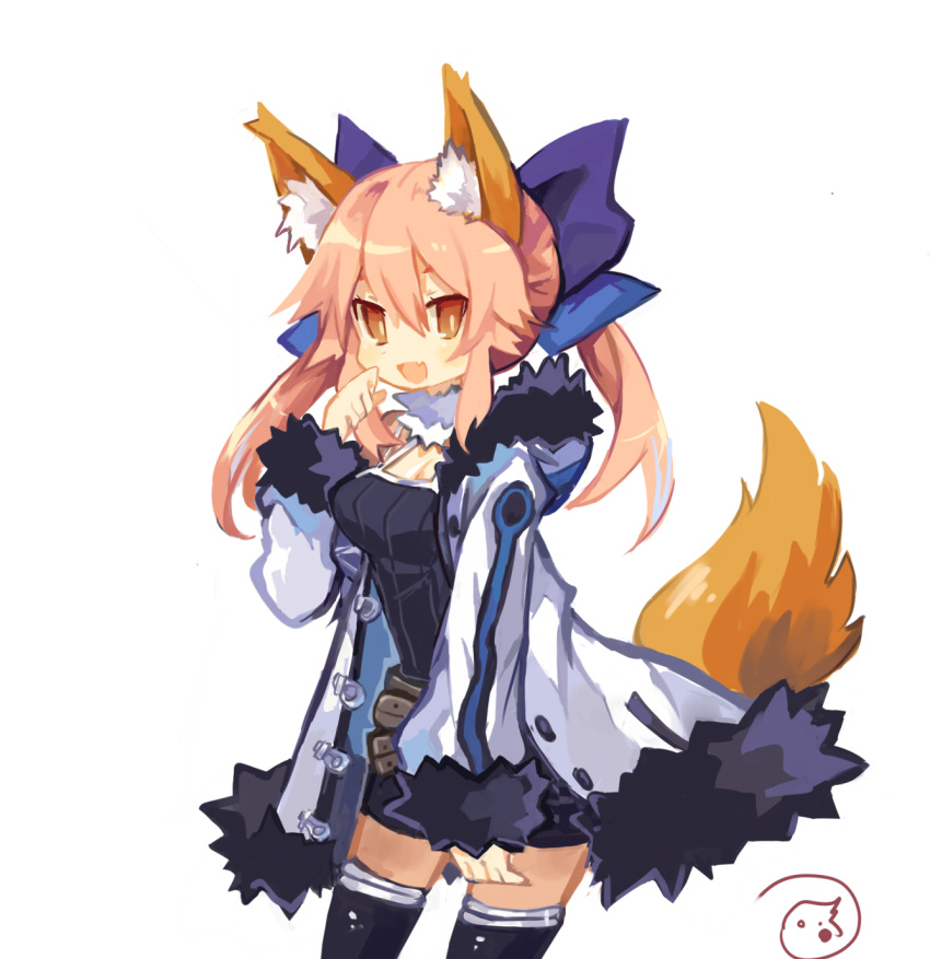 alternate_costume animal_ears asagiri_asagi asagiri_asagi_(cosplay) belt blue_ribbon brown_eyes coat commentary_request cosplay crestquest disgaea fang fate_(series) fox_ears fox_tail fur-trimmed_hood fur-trimmed_sleeves fur_coat fur_trim hair_between_eyes hair_ribbon highres long_sleeves looking_at_viewer nippon_ichi open_mouth pink_hair ribbon signature simple_background solo tail tamamo_(fate)_(all) tamamo_no_mae_(fate) thighhighs white_background zettai_ryouiki
