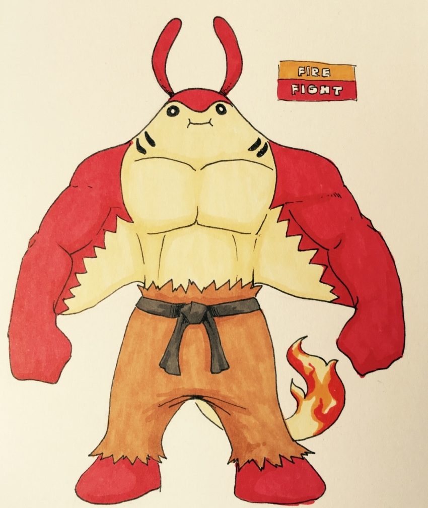 2017 alternate_color antennae anthro anthrofied belt biceps biped black_belt black_sclera brown_bottomwear brown_clothing clothed clothing collarbone countershade_face countershade_torso countershading english_text fak&eacute;mon featureless_feet fin fire firefightdex fish fist flaming_tail front_view full-length_portrait gills hi_res long_tail looking_at_viewer male mantine marine marker_(artwork) mfanjul mixed_media multicolored_skin muscular muscular_male nintendo pants patagium pecs pen_(artwork) pok&eacute;mon pok&eacute;mon_(species) pok&eacute;morph portrait power_stance red_skin shadow simple_background smile solo standing tan_countershading tan_skin text toony topless traditional_media_(artwork) two_tone_skin video_games white_background white_eyes wide_shoulders