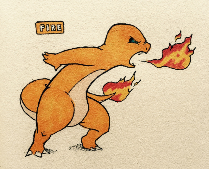 2016 4_fingers action_pose ambiguous_gender angry anthro arms_back biped black_sclera blue_eyes charmander claws countershade_tail countershade_torso countershading english_text fangs featureless_crotch fire fire_breathing firefightdex flaming_tail full-length_portrait hatching_(technique) leaning leaning_forward long_tail mfanjul multicolored_skin nintendo nude open_mouth orange_skin orange_tail pen_(artwork) pok&eacute;mon pok&eacute;mon_(species) portrait pose reptile scalie shadow side_view simple_background solo standing tan_countershading tan_skin tan_tail text toe_claws toony traditional_media_(artwork) two_tone_skin two_tone_tail video_games white_background white_claws