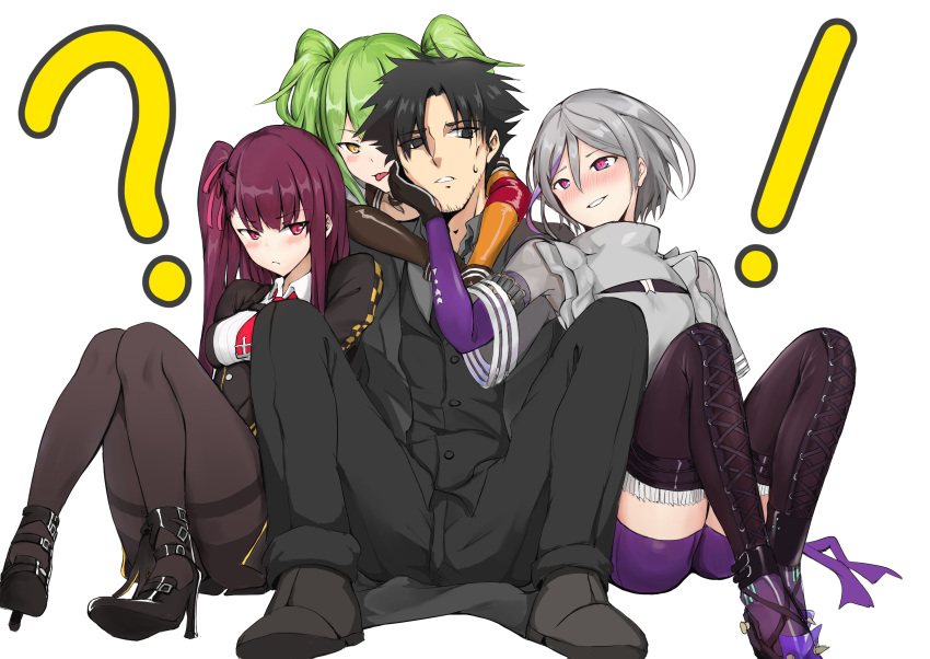 3girls black_eyes black_hair blue_eyes blush commentary crossover emiya_kiritsugu empty_eyes fate/zero fate_(series) girls_frontline green_hair heart heart-shaped_pupils highres ky_(ky990533) long_hair m950a_(girls_frontline) multiple_girls pantyhose purple_eyes purple_hair short_hair silver_hair smile sweat sweatdrop symbol-shaped_pupils thompson/center_contender_(girls_frontline) wa2000_(girls_frontline) yellow_eyes