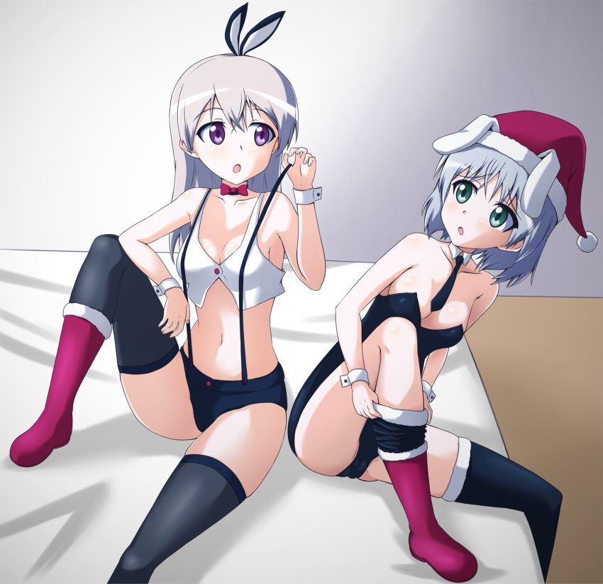 absurdres bed black_legwear blush boots breasts bunny_girl bunnysuit cameltoe eila_ilmatar_juutilainen green_eyes highres medium_breasts multiple_girls navel nomad_(mjauharazhar) purple_eyes sanya_v_litvyak shorts strike_witches thighhighs white_hair world_witches_series