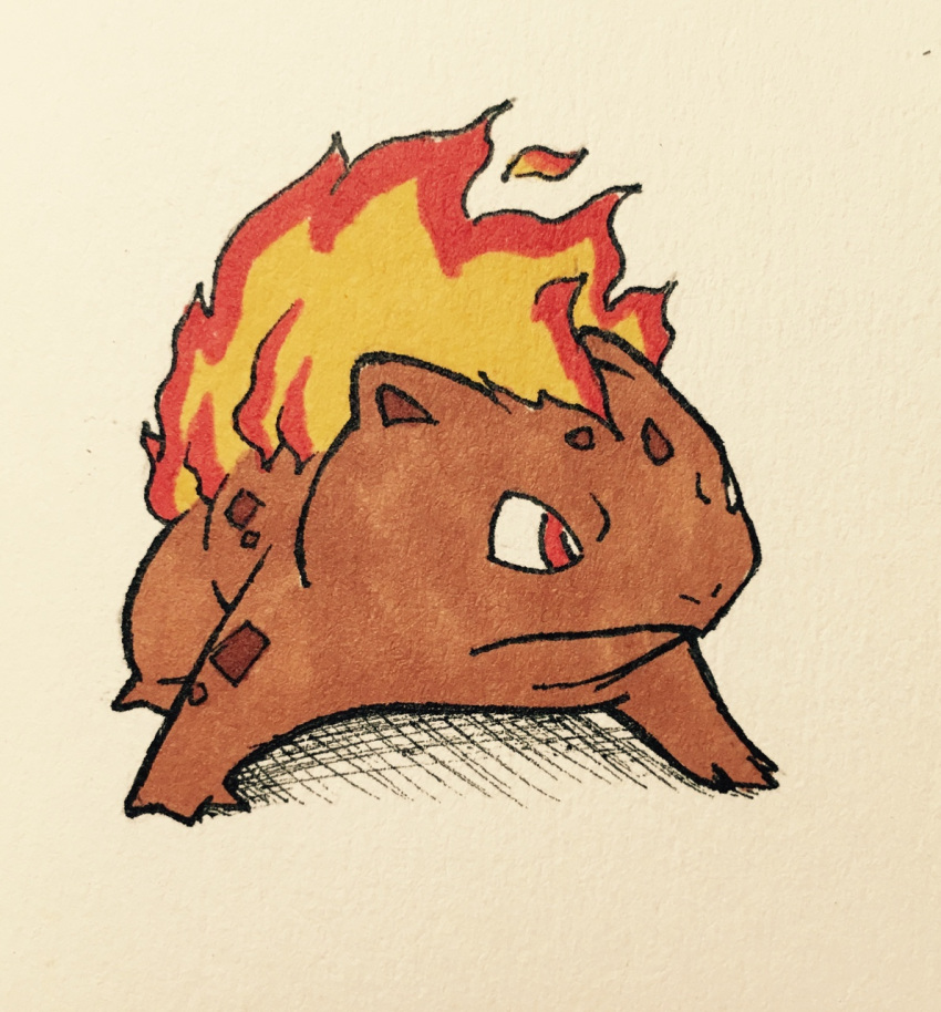 2016 3_toes alternate_color alternate_species ambiguous_gender brown_skin brown_spots bulbasaur fak&eacute;mon feral fire firefightdex frown full-length_portrait hatching_(technique) hi_res looking_away mfanjul mineral_fauna nintendo nude pen_(artwork) pok&eacute;mon pok&eacute;mon_(species) portrait quadruped red_eyes scalie shadow simple_background solo spots spotted_skin standing toes toony traditional_media_(artwork) video_games white_background