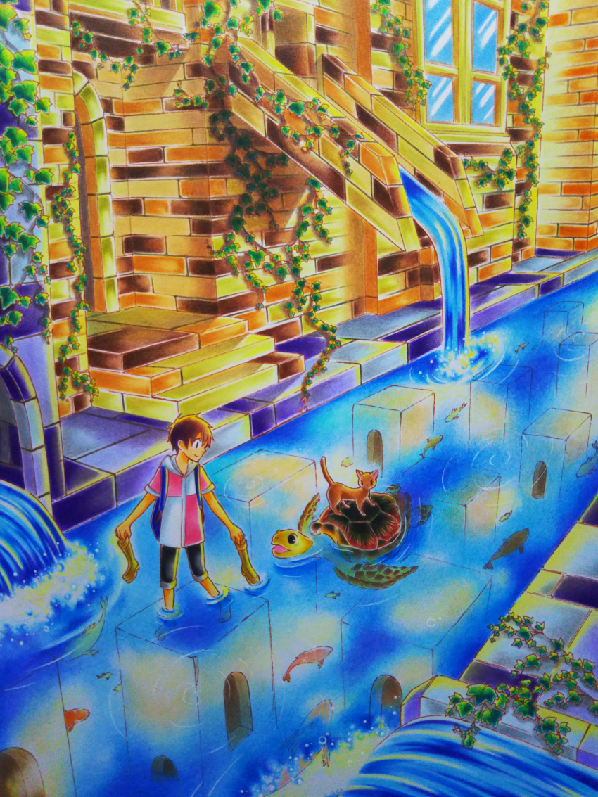 absurdres asou_haruka barefoot boots boots_removed brown_cat brown_footwear brown_hair cat closed_mouth colored_pencil_(medium) commentary_request fish happy highres holding holding_footwear hood hoodie jacket open_mouth original partially_submerged scenery shoes smile stairs swimming traditional_media turtle underwater wading walking water watercolor_pencil_(medium) window