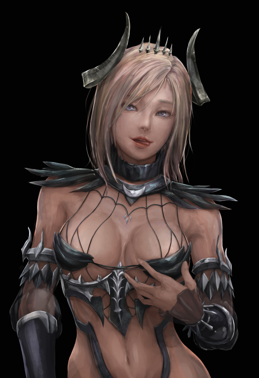 absurdres armor bikini_armor black_background blonde_hair blue_eyes bracer breasts character_request highres horns licking_lips lips looking_at_viewer mabinogi mabinogi_heroes medium_breasts naughty_face navel realistic revealing_clothes shoowarke short_hair simple_background solo teeth tiara tongue tongue_out upper_body