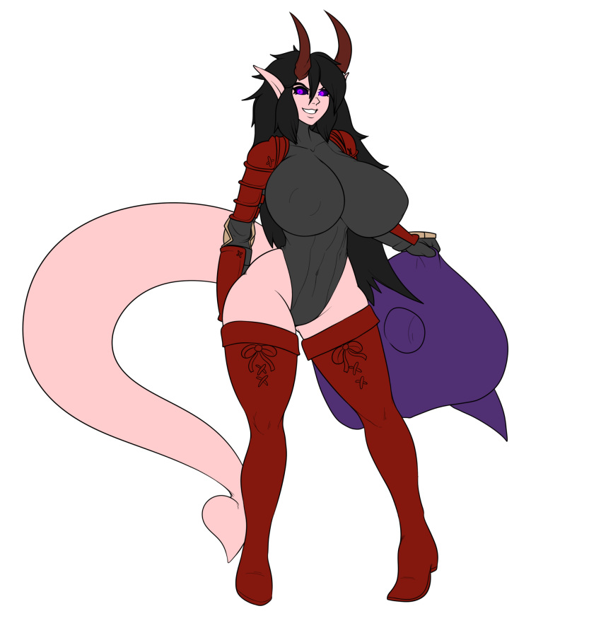 armor big_breasts black_hair breasts clothing demon eyelashes female hair horn huge_breasts humanoid leggings legwear lewdreaper not_furry pointy_ears purple_eyes simple_background smile solo spade_tail tiefling white_background