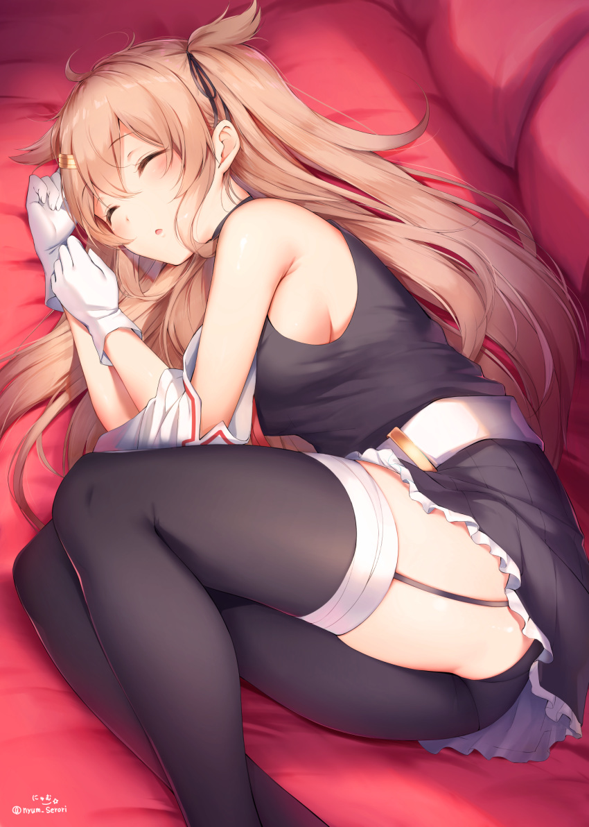 ahoge ass asymmetrical_clothes belt black_legwear black_skirt breasts closed_eyes frilled_skirt frills gloves hair_ornament hairclip highres kantai_collection light_brown_hair long_hair lying medium_breasts murasame_(kantai_collection) nyum on_bed on_side pleated_skirt remodel_(kantai_collection) sideboob single_garter_strap single_thighhigh skirt sleeping solo thighhighs twitter_username two_side_up very_long_hair white_belt white_gloves