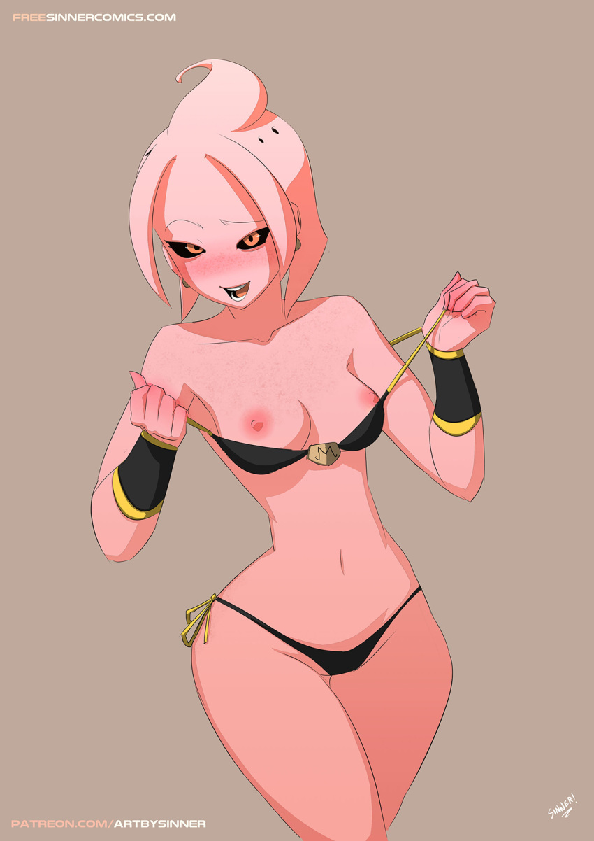 1girl belly blush bra breasts brown_eyes dragon_ball dragon_ball_xenoverse eyebrows female majin_(race) nipples open_mouth panties pink_skin sillygirl simple_background sinner solo stomach teeth tongue underwear