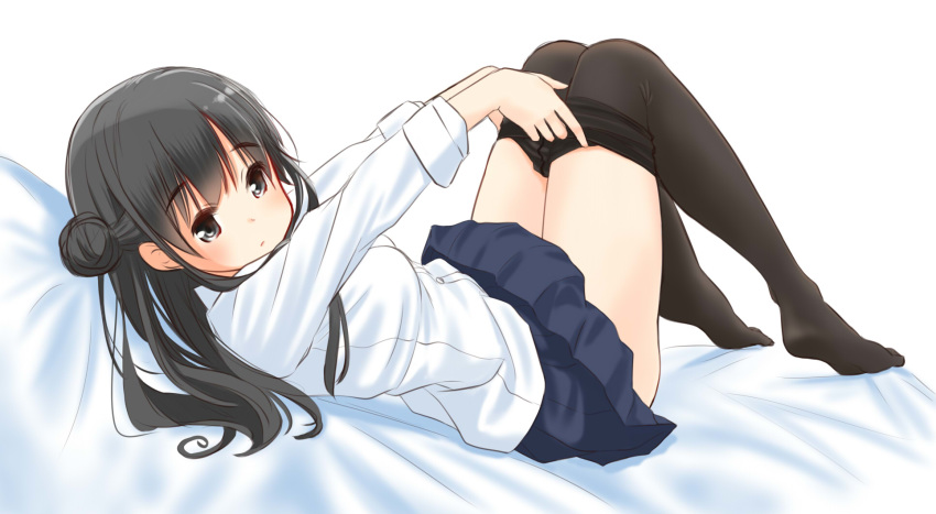 bangs bed_sheet black_eyes black_hair black_legwear blue_skirt breasts eyebrows_visible_through_hair full_body highres long_sleeves looking_at_viewer lying medium_breasts miniskirt no_shoes on_back original pantyhose pantyhose_pull retsumaru shirt simple_background skirt sleeves_folded_up solo tareme thighs undressing white_background white_shirt