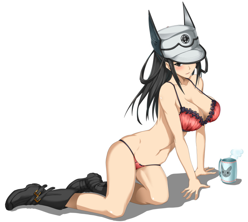 all_fours arm_support ass bangs black_eyes black_footwear black_hair blush boots bra breasts character_request cleavage collarbone cup frilled_bra frills hat highres indy_k kai_schren large_breasts leaning_to_the_side long_hair looking_at_viewer lowleg lowleg_panties mug navel panties ponytail red_bra red_panties senjou_no_valkyria senjou_no_valkyria_4 shadow simple_background solo steam underwear underwear_only white_background