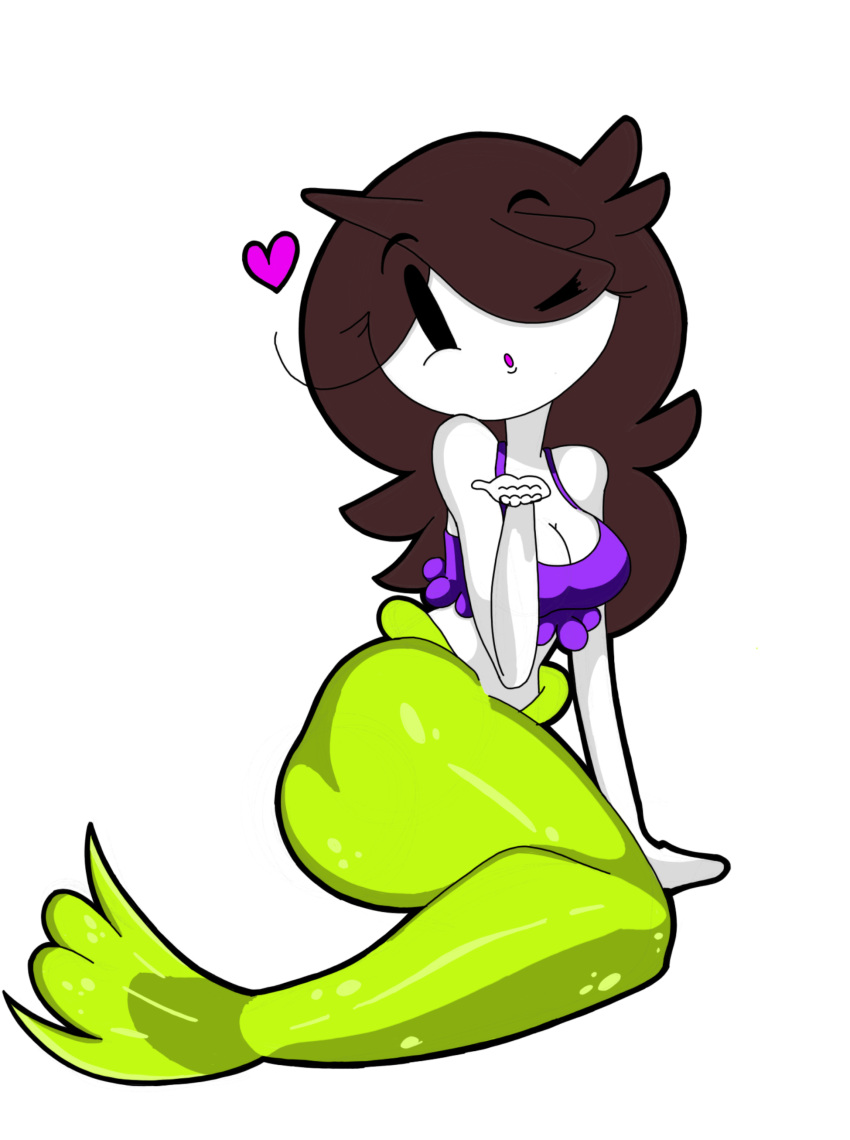 absurdres ass bangs blown_kiss breasts brown_hair eyebrows_visible_through_hair full_body hair_between_eyes highres jaiden_animations long_hair looking_at_viewer looking_back medium_breasts mermaid monster_girl non-web_source one_eye_closed solo white_background youtube