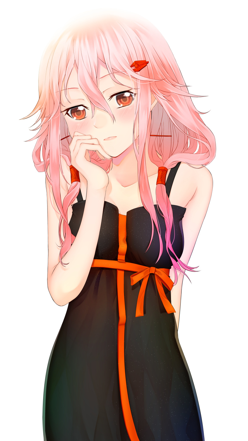 absurdres bare_shoulders breasts closed_mouth commentary_request guilty_crown hair_ornament hairclip highres long_hair looking_at_viewer medium_breasts pink_hair red_eyes sarina_(tosiyukiryousuke) solo twintails yuzuriha_inori