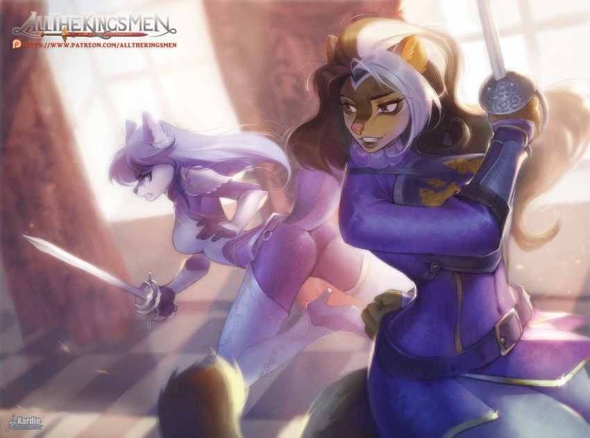 action_pose anthro black_nose blue_eyes blue_hair butt butt_pose canine clothed clothing digital_media_(artwork) duo female fight hair kardie long_hair lucia_(character) mammal pose teeth weapon wolf