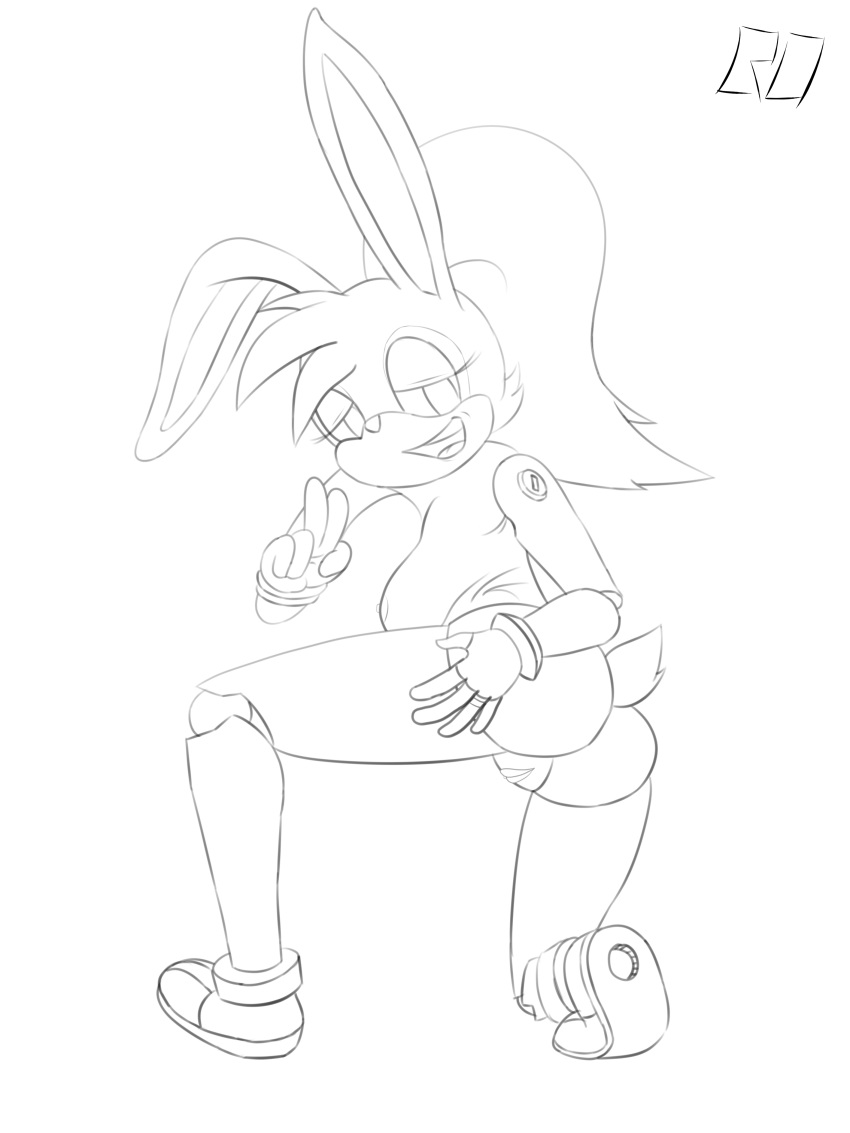 anthro bunnie_rabbot butt colorless female lagomorph looking_back mammal pussy simple_background solo sonic_(series)