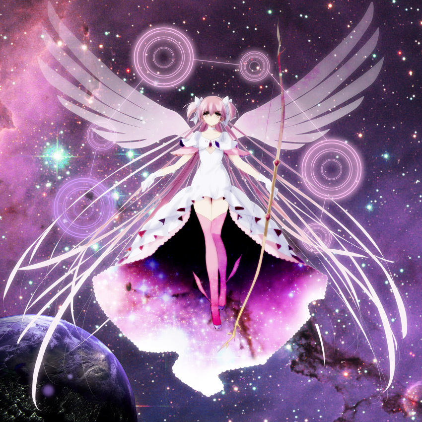 absurdly_long_hair absurdres bad_id bad_pixiv_id bow_(weapon) commentary_request dress full_body gloves highres kaname_madoka long_hair mahou_shoujo_madoka_magica misteor pink_hair pink_legwear planet solo space star starry_background ultimate_madoka very_long_hair weapon white_dress white_gloves wings yellow_eyes