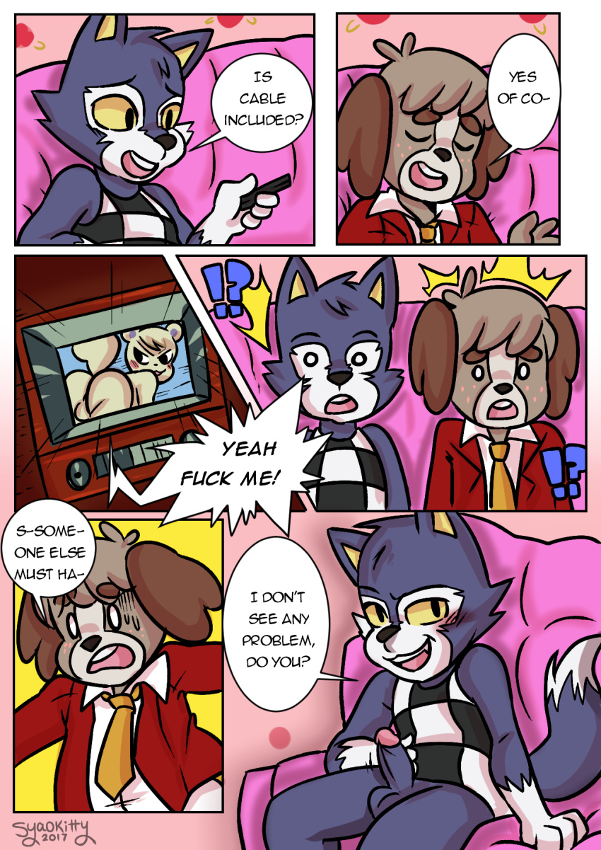 animal_crossing anthro balls canine comic digby_(animal_crossing) dog erection lobo_(animal_crossing) male male/male mammal marshal_(animal_crossing) nintendo penis pornography rodent squirrel syaokitty video_games wolf