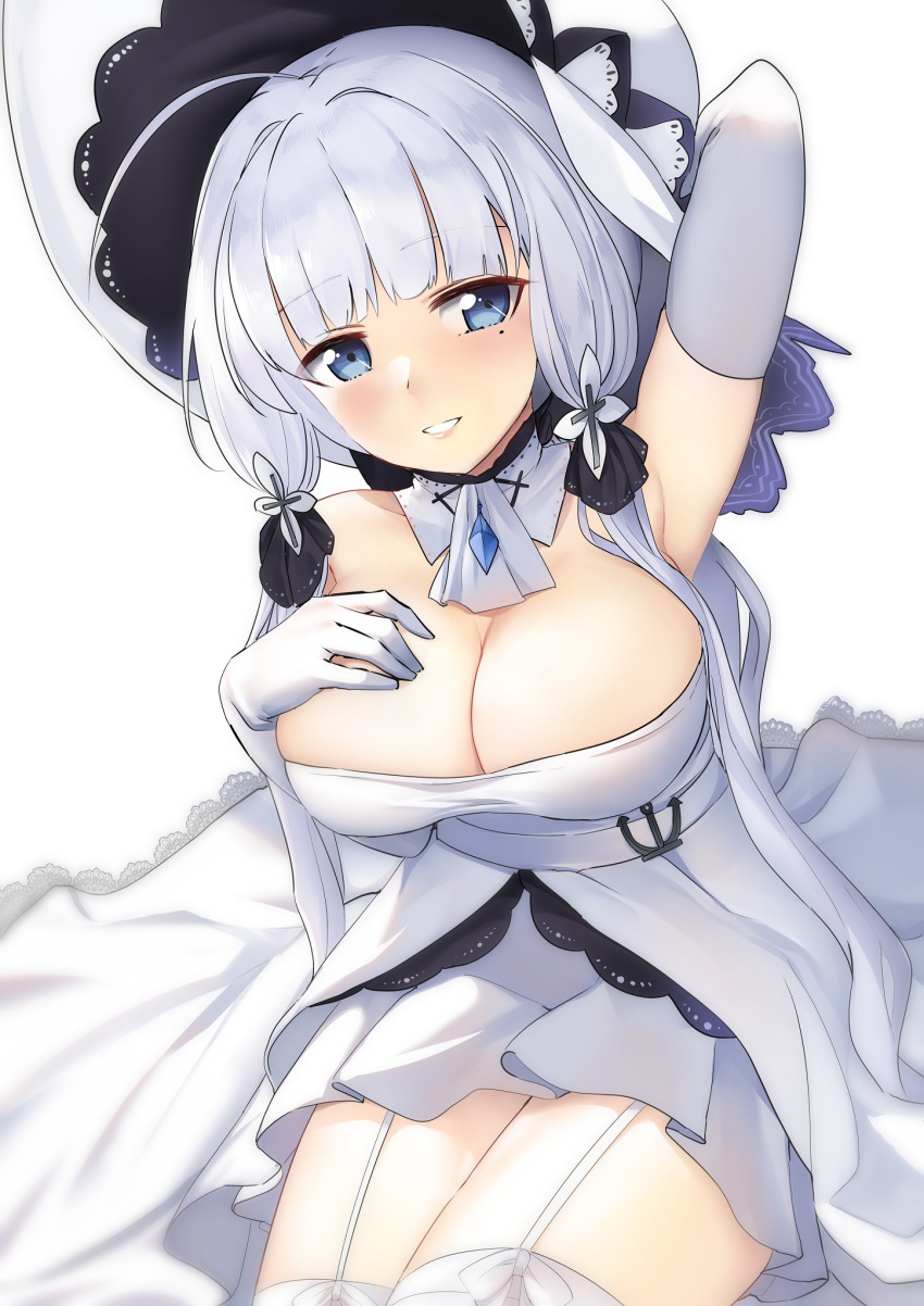 ahoge anchor arm_up azur_lane blue_eyes breasts bridal_gauntlets cleavage dress elbow_gloves garter_straps gloves hair_ribbon hand_on_own_breast hat highres illustrious_(azur_lane) jun_project large_breasts looking_at_viewer low_ponytail parted_lips ponytail ribbon sidelocks smile solo thighhighs tress_ribbon white_dress white_hair white_hat white_legwear
