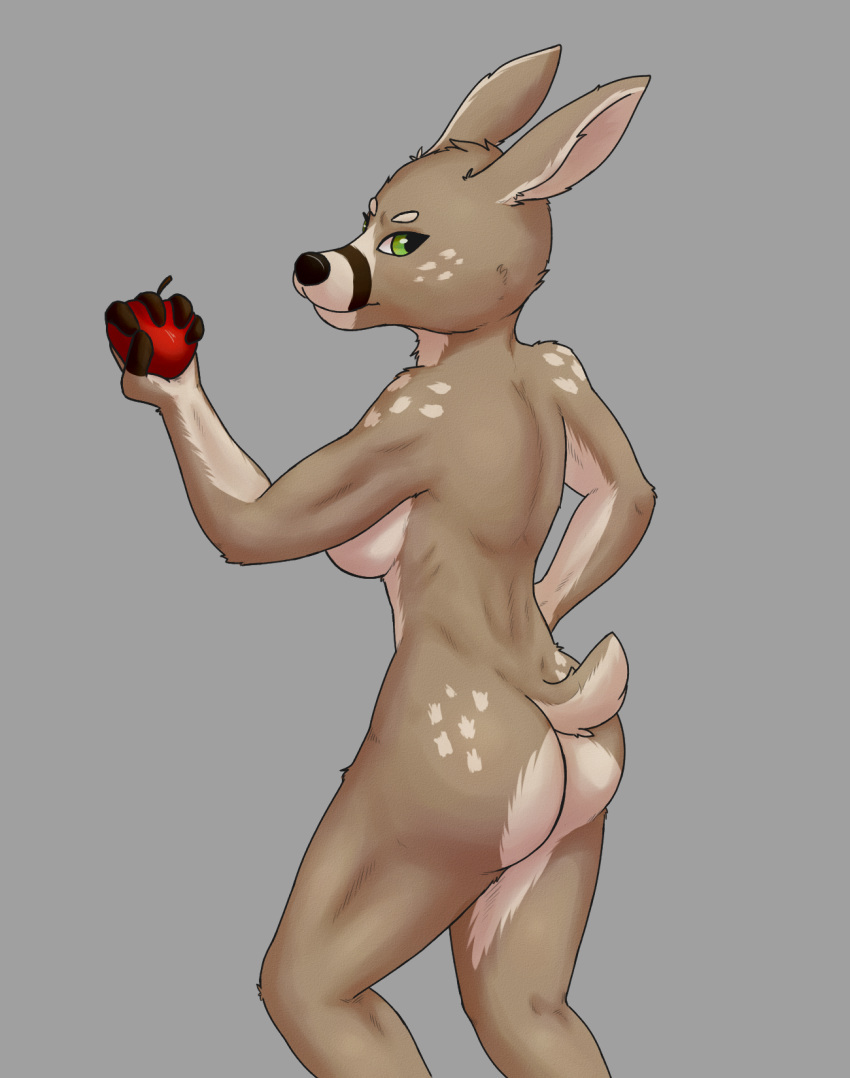anthro apple athletic black_nose breasts butt cervine cooliehigh deer female food fruit fur green_eyes holding_object invalid_tag long_ears looking_at_viewer looking_back mammal rear_view short_tail solo