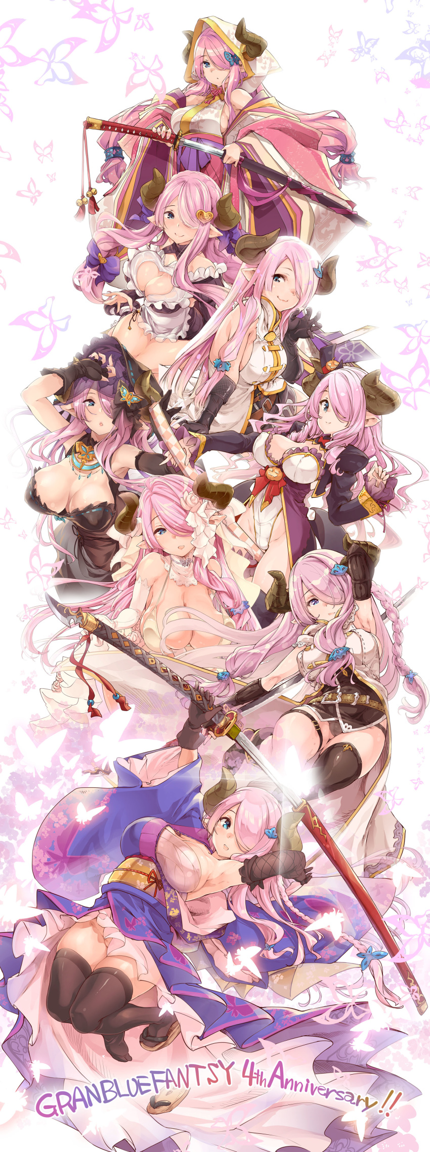 absurdres anniversary bare_shoulders black_gloves black_legwear blue_eyes breasts bug butterfly cleavage commentary_request copyright_name draph fingerless_gloves gloves granblue_fantasy hair_ornament hair_over_one_eye highres holding holding_sword holding_weapon hood horns insect japanese_clothes katana large_breasts long_hair long_sleeves narmaya_(granblue_fantasy) open_mouth pink_hair pointy_ears sarashi sleeveless smile solo sword thighhighs thomasz weapon white_gloves wide_sleeves