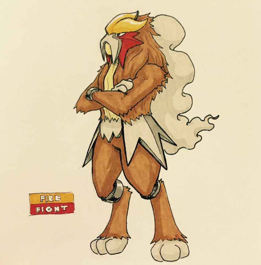 2017 3_toes ambiguous_gender anthro anthrofied biped brown_fur brown_hair crossed_arms digitigrade english_text entei featureless_crotch firefightdex front_view frown full-length_portrait fur hair hatching_(technique) hi_res legendary_pok&eacute;mon long_hair looking_away mammal mane_hair marker_(artwork) mfanjul mixed_media multicolored_fur muscular muscular_ambiguous nintendo nude pen_(artwork) pok&eacute;mon pok&eacute;mon_(species) pok&eacute;morph portrait pseudo_clothing shadow simple_background smoke solo spikes standing tan_fur text toes toony traditional_media_(artwork) two_tone_fur video_games white_background