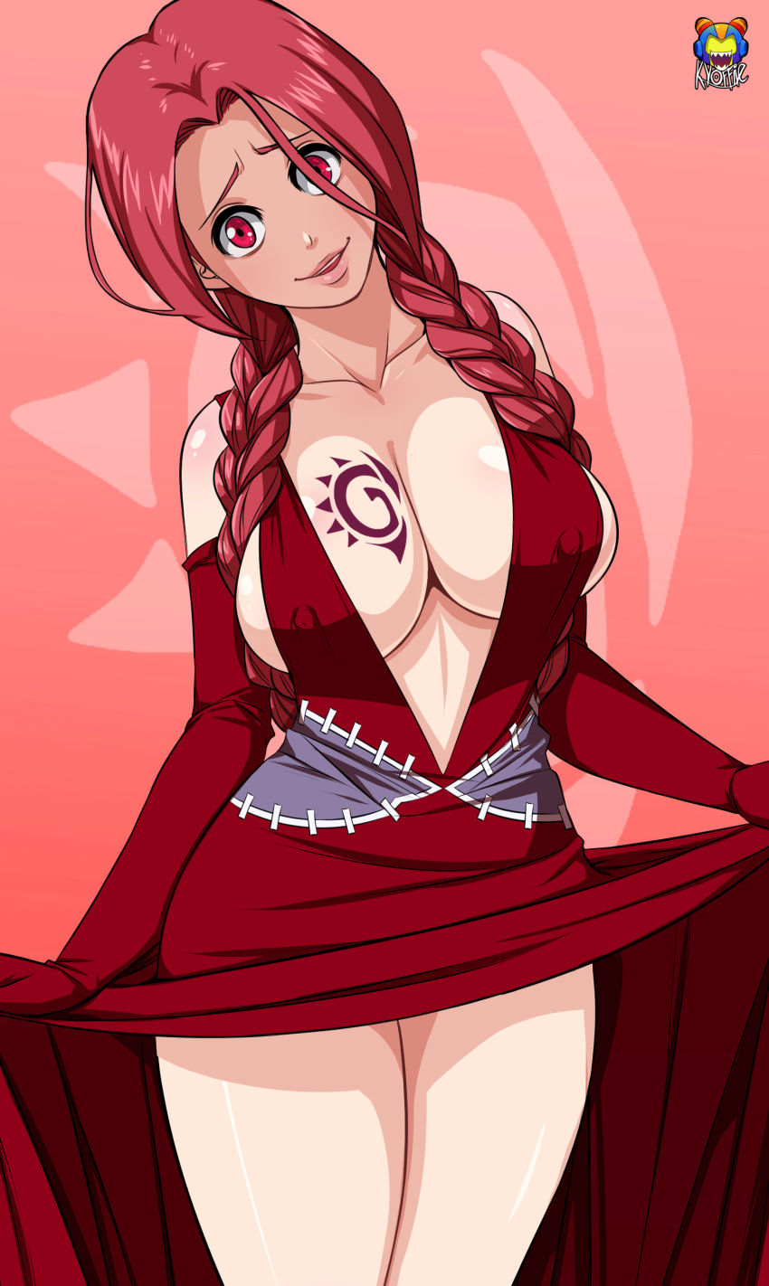 breasts dress erect_nipples fairy_tail flare_corona kyoffie12 large_breasts red_hair smile tattoo