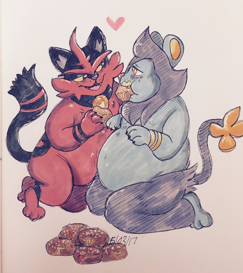 &lt;3 2017 3_toes 4_fingers anthro belly big_belly black_fur black_nose blue_fur blush claws duo eating feline food force_feeding forced fur hi_res kneeling luxio malasada male mammal markings multicolored_fur nintendo nude open_mouth overweight pok&eacute;mon pok&eacute;mon_(species) raccoonkind red_fur simple_background smile stripes teeth toes torracat traditional_media_(artwork) two_tone_fur video_games weight_gain yellow_eyes yellow_pupils yellow_sclera