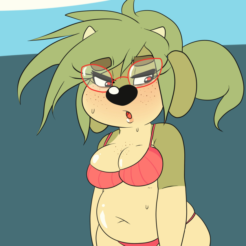 2015 anthro bikini black_nose blue_background blush bovine breast_squish breasts cattle cleavage clothed clothing cloud eyewear female freckles fur glasses green_fur green_hair hair hi_res horn looking_down maggie_hudson mammal navel open_mouth red_eyes simple_background sky slightly_chubby solo sprocket_(artist) standing sweat swimsuit tan_fur water