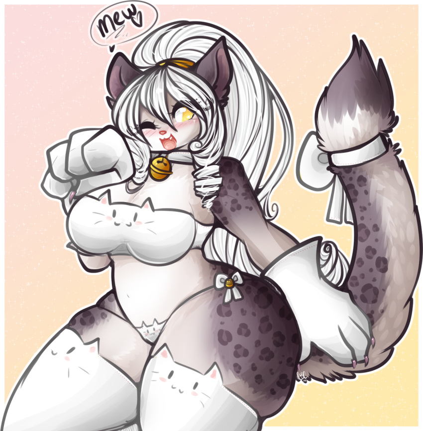 &lt;3 anthro avysette bell big_breasts breasts cat collar feline female hair hi_res long_hair mammal one_eye_closed open_mouth pose ribbons slightly_chubby solo tehbuttercookie thick_thighs white_hair wink yellow_eyes