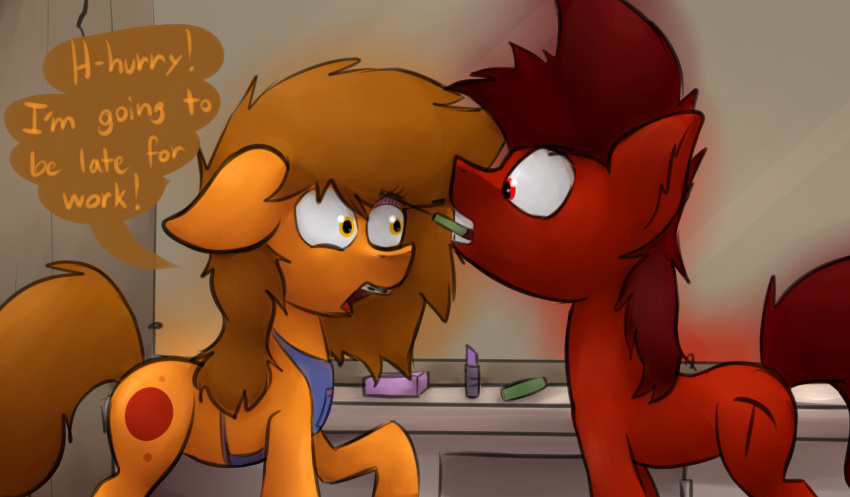 braces cutie_mark digital_media_(artwork) duo earth_pony english_text equine fan_character female feral fur hooves horse inside lipstick makeup male mammal mars_miner marsminer my_little_pony open_mouth pony red_fur text venus_spring