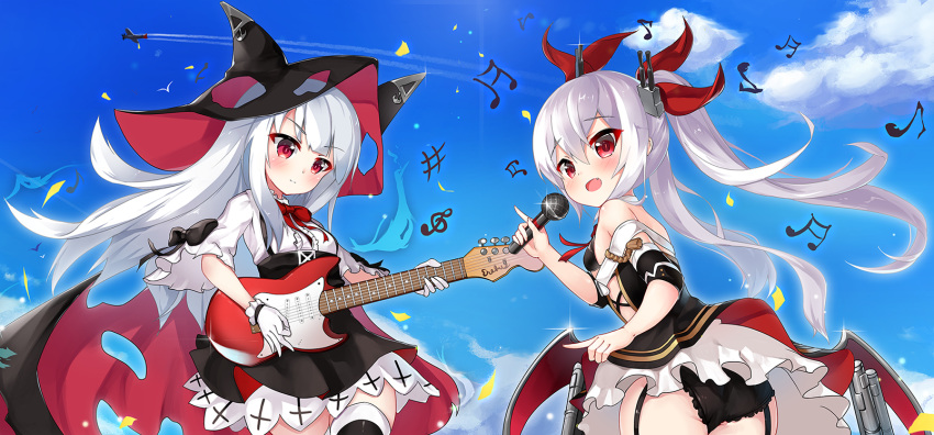 2girls :d aircraft airplane animal_hat ass azur_lane bangs beamed_sixteenth_notes bikini_top black_bikini_top black_bow black_cape black_dress black_hat black_panties black_skirt blue_sky blush bow breasts cape cloud commentary_request condensation_trail day dress eighth_note electric_guitar erebus_(azur_lane) eyebrows_visible_through_hair fang fingernails garter_straps gloves guitar hair_between_eyes hair_ornament hair_ribbon hat high-waist_skirt highres holding holding_instrument holding_microphone index_finger_raised instrument long_hair low_wings microphone multiple_girls musical_note open_mouth outdoors panties red_eyes red_ribbon red_wings ribbon shirt short_sleeves sidelocks silver_hair skirt sky small_breasts smile suspender_skirt suspenders torn_cape torn_clothes torn_hat treble_clef twintails underwear vampire_(azur_lane) very_long_hair white_gloves white_shirt wings
