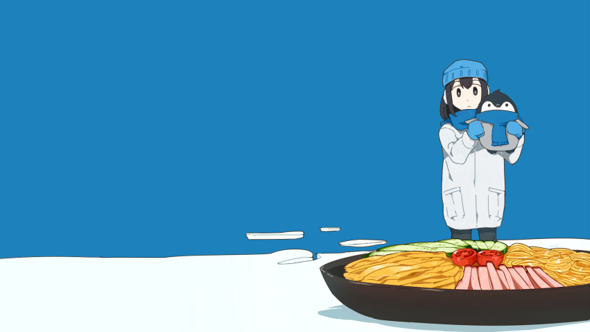 animal black_eyes black_hair blue food gloves hat original penguin routo scarf short_hair snow