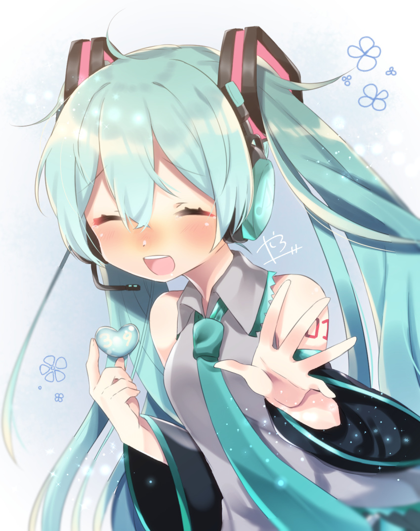 39 :d abe_suke aqua_hair aqua_neckwear bangs bare_shoulders blush closed_eyes collared_shirt commentary_request detached_sleeves dress eyebrows_visible_through_hair facing_viewer grey_shirt hair_between_eyes hair_ornament hatsune_miku headphones headset heart highres holding holding_head long_hair long_sleeves necktie nose_blush open_mouth shirt signature sleeveless sleeveless_dress smile solo twintails upper_teeth very_long_hair vocaloid wide_sleeves