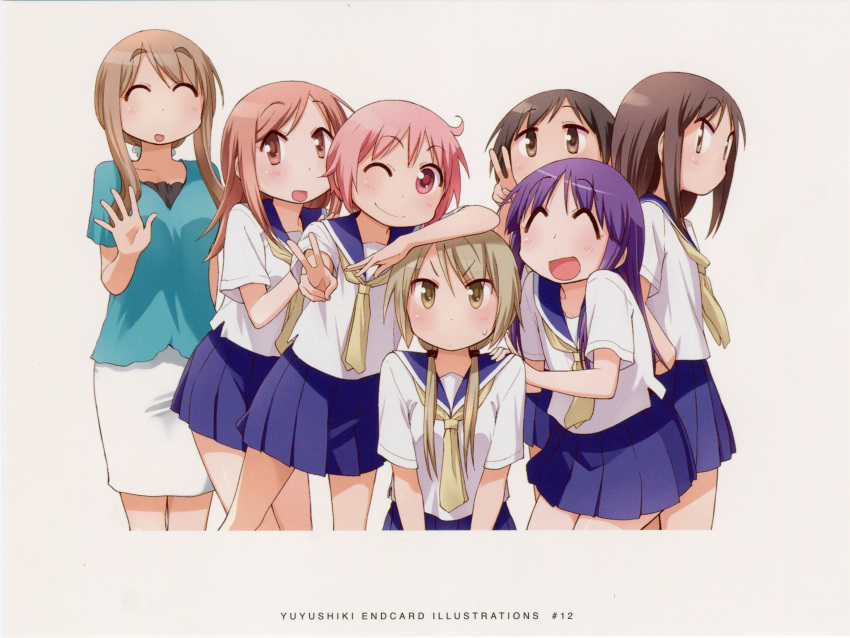 ^_^ absurdres ahoge aikawa_chiho beige_eyes blonde_hair blue_skirt blush brown_eyes brown_hair closed_eyes end_card eyebrows_visible_through_hair hasegawa_fumi highres hinata_yukari ichii_yui long_hair looking_at_viewer matsumoto_yoriko medium_hair mikami_komata miniskirt multiple_girls necktie nonohara_yuzuko okano_kei one_eye_closed open_mouth pink_eyes pink_hair purple_hair school_uniform school_uniform_(yuyushiki) serafuku short_hair skirt smile sweatdrop v waving white_skirt yellow_eyes yellow_neckwear yuyushiki