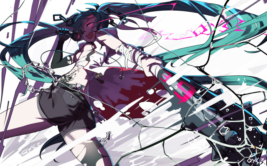 39 aqua_hair artist_name bai_yemeng bandages belt breasts broken_glass chain commentary_request elbow_gloves from_below glass gloves hatsune_miku highres long_hair looking_at_viewer md5_mismatch microphone open_mouth pink_eyes short_shorts shorts signature single_elbow_glove single_thighhigh small_breasts solo thighhighs torn_clothes torn_gloves torn_legwear twintails very_long_hair vocaloid weapon
