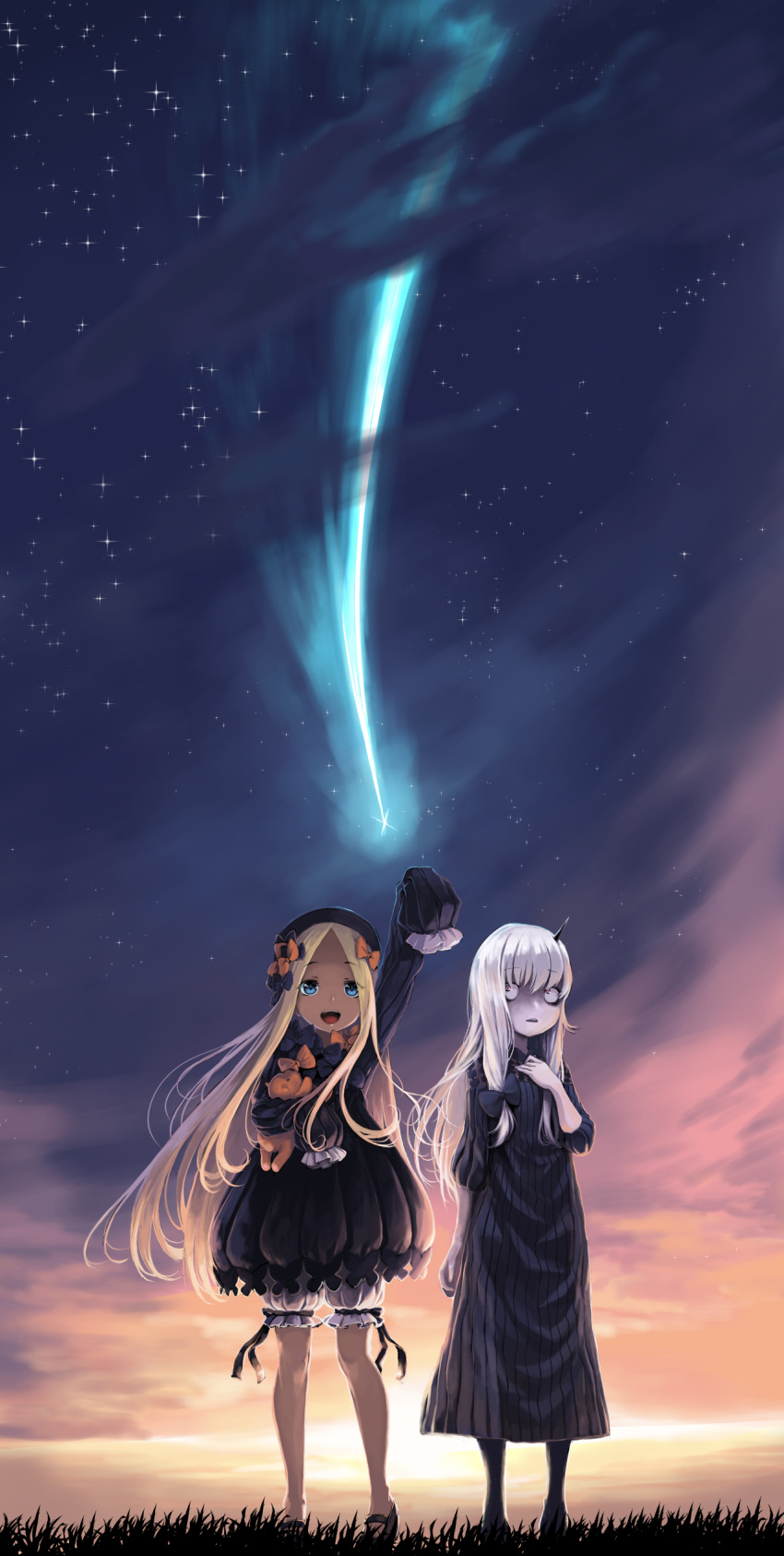 :d abigail_williams_(fate/grand_order) absurdres animal_print black_bow blonde_hair blue_eyes bow butterfly_print cloud constricted_pupils dress eyebrows_visible_through_hair fate/grand_order fate_(series) grass hair_bow hand_on_own_chest highres holding holding_stuffed_animal horizon horn kohige lavinia_whateley_(fate/grand_order) long_hair mary_janes multiple_girls object_hug open_mouth orange_bow pale_skin pink_eyes pointing pointing_up ribbed_dress shoes shooting_star sky sleeves_past_fingers sleeves_past_wrists smile star_(sky) starry_sky stuffed_animal stuffed_toy sunset teddy_bear very_long_hair white_bloomers white_hair