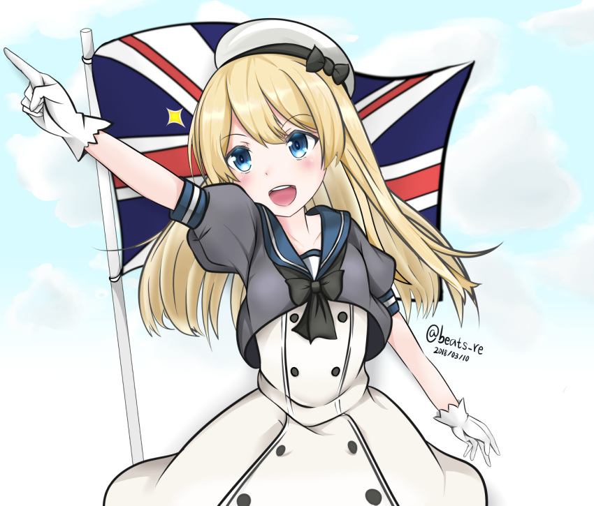 blonde_hair blue_eyes blue_sailor_collar cloud cloudy_sky commentary_request cowboy_shot dress gloves hamura hat jervis_(kantai_collection) kantai_collection long_hair looking_at_viewer open_mouth sailor_collar sailor_dress short_sleeves sky smile solo union_jack white_dress white_gloves white_hat